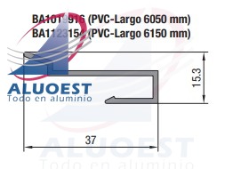 Complemento PVC Aluar BA1123154 de 6150 mm - Perfil "J" de PVC para aplicación en cruce central de hojas corredizas - Aluoest