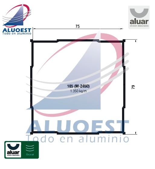 Perfil Aluar 185 línea Ekonal - Herrero - Acople cuadrado marcos de 75 mm (M-2450) - Aluoest