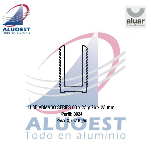 Perfil Aluar 3024 línea Complementarios - "U" de armado para serie 60x25 y 76x25 - Aluoest