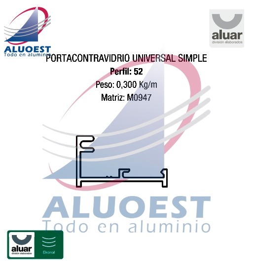 Perfil Aluar 52 - Porta contravidrio - Aluoest