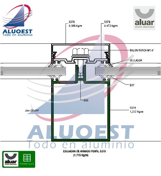 Perfil Aluar 5374 línea Frente Integral - Columna simple - Aluoest