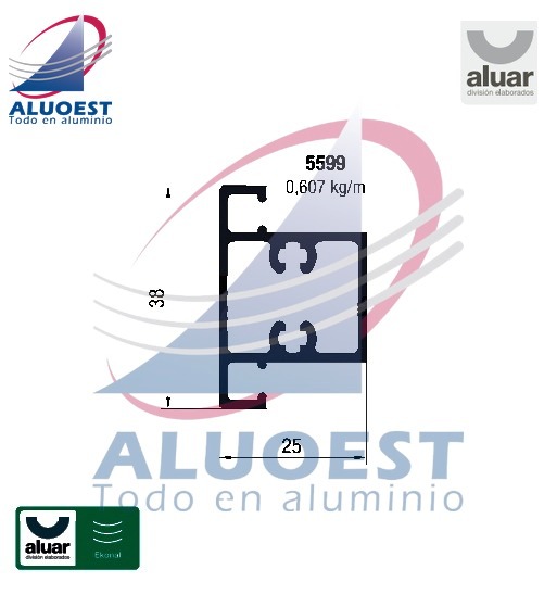 Perfil Aluar 5599 línea Ekonal - Herrero - Travesaño hoja puerta mosquitero - Aluoest