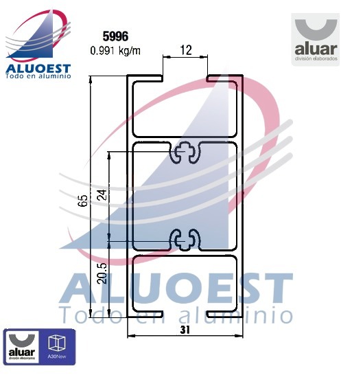 Perfil Aluar 5996 línea A30 New - Travesaño corrediza para vidrio simple - Aluoest