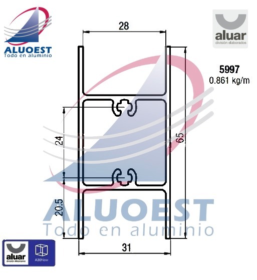 Perfil Aluar 5997 línea A30 New - Travesaño corrediza para DVH - Aluoest