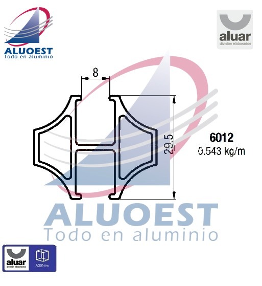 Perfil Aluar 6012 línea A30 New - Travesaño vidrio repartido para vidrio simple - Aluoest