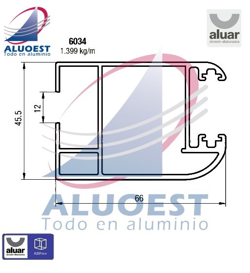 Perfil Aluar 6034 línea A30 New - Parante lateral corrediza - Aluoest