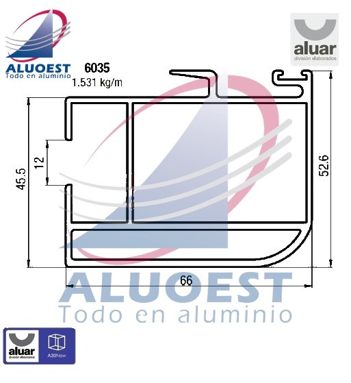 Perfil Aluar 6035 línea A30 New - Parante central corrediza - Aluoest