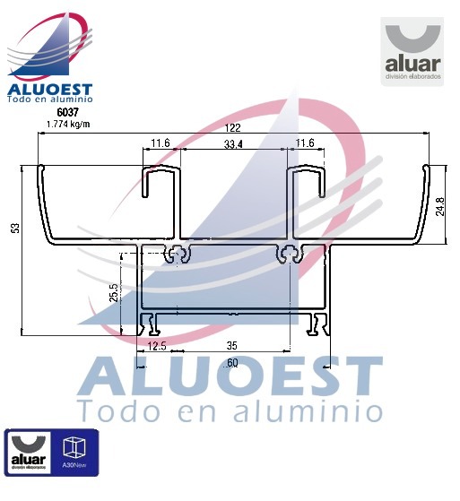 Perfil Aluar 6037 línea A30 New - Umbral y dintel de marco - Aluoest