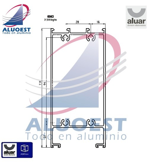 Perfil Aluar 6043 - Zócalo puerta de rebatir - Aluoest