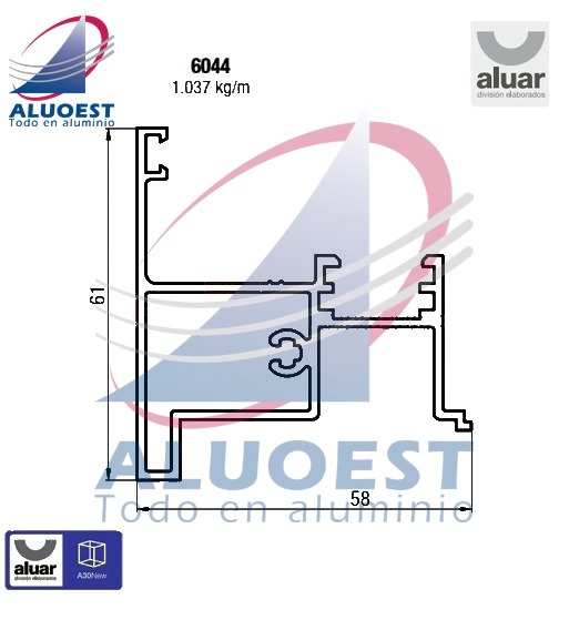 Perfil Aluar 6044 - Encuentro central puerta de rebatir - Aluoest