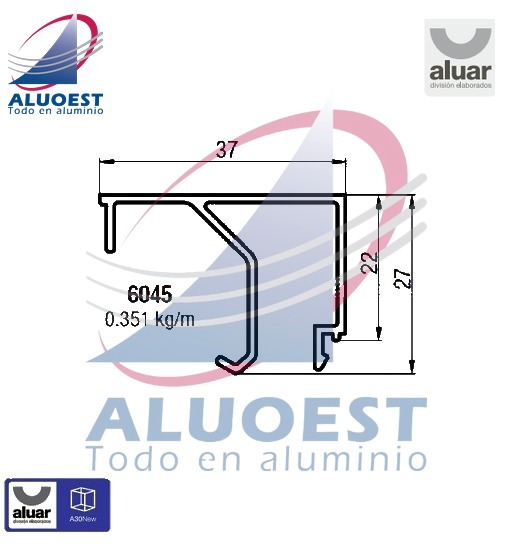 Perfil Aluar 6045 - Contravidrio recto de 37 mm - Aluoest