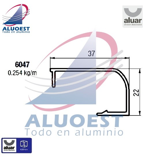 Perfil Aluar 6047 - Contravidrio curvo para vidrio simple - Aluoest