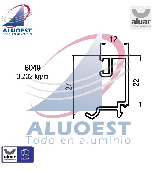 Perfil Aluar 6049 - Contravidrio recto lado exterior puerta de rebatir - Aluoest