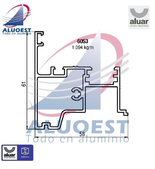 Perfil Aluar 6053 - Encuentro central ventana de abrir - Aluoest