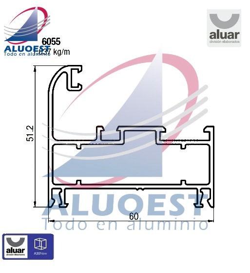 Perfil Aluar 6055 línea A30 New - Marco paño fijo y ventana de abrir - Aluoest