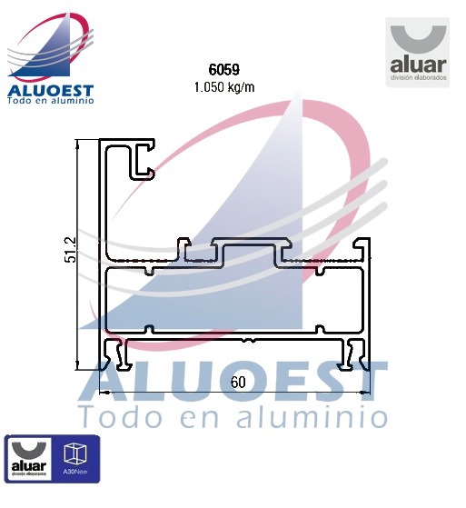 Perfil Aluar 6059 línea A30 New - Marco recto paño fijo y ventana de abrir - Aluoest