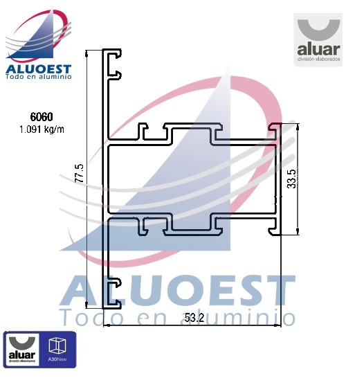 Perfil Aluar 6060 - Travesaño paño fjo - Aluoest