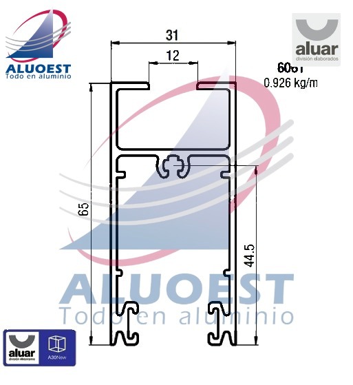 Perfil Aluar 6061 línea A30 New - Zócalo y cabezal ventana corrediza - Aluoest