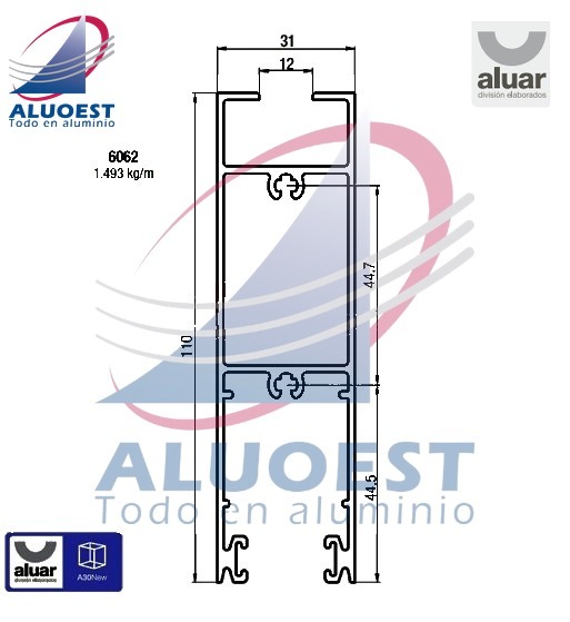 Perfil Aluar 6062 línea A30 New - Zócalo alto puerta corrediza - Aluoest