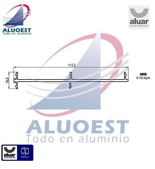 Perfil Aluar 6068 línea A30 New - Acople 60 mm a marco de 3 guías - Aluoest