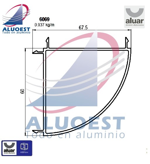 Perfil Aluar 6069 - Acople 90º marcos 60 mm - Aluoest