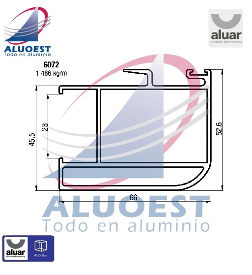 Perfil Aluar 6072 línea A30 New - Parante central corrediza para DVH - Aluoest