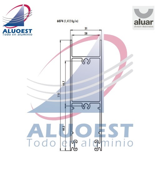 Perfil Aluar 6074 línea A30 New - Zócalo alto corrediza para DVH - Aluoest