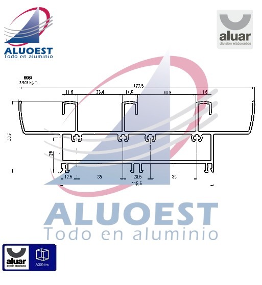 Perfil Aluar 6081 línea A30 New - Umbral y dintel corrediza de 3 hojas - Aluoest