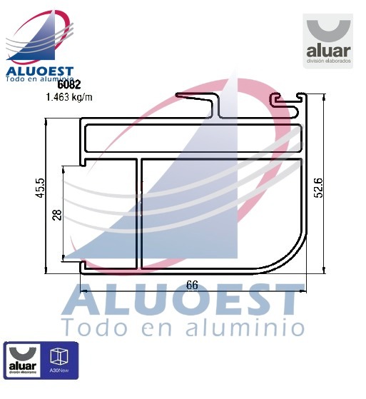 Perfil Aluar 6082 línea A30 New - Parante central tercera hoja para DVH - Aluoest