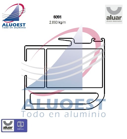Perfil Aluar 6091 línea A30 New - Parante reforzado 60 mm p/vidrio simple - Aluoest
