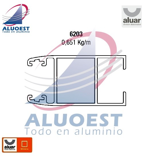 Perfil Aluar 6203 línea Módena - Parante lateral hoja vidrio simple ventana y puerta corrediza - Aluoest