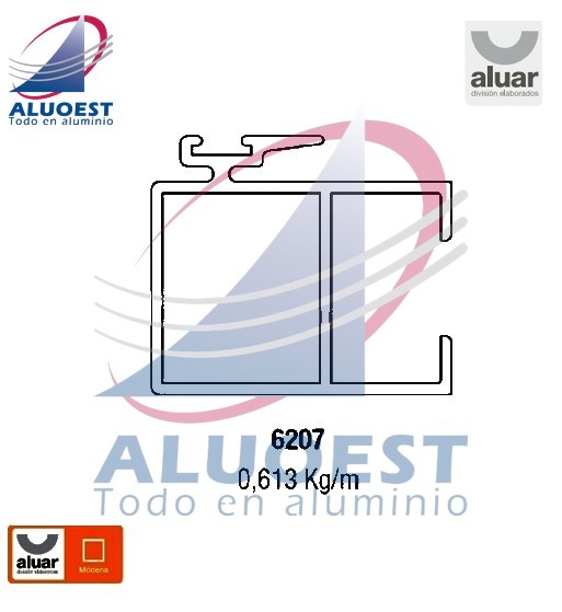 Perfil Aluar 6207 línea Módena - Parante central hoja vidrio simple ventana y puerta corrediza - Aluoest