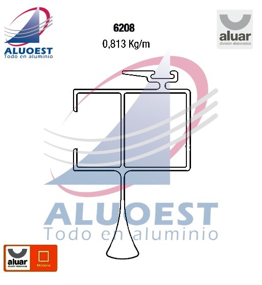 Perfil Aluar 6208 línea Módena - Parante central reforzado hoja vidrio simple puerta corrediza - Aluoest