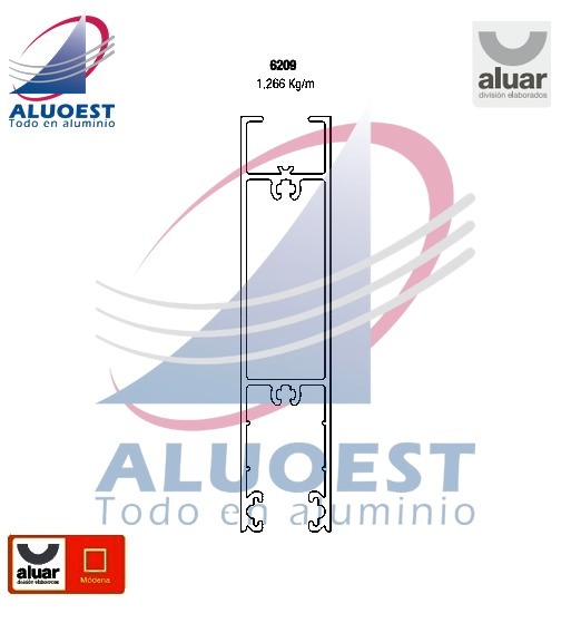 Perfil Aluar 6209 línea Módena - Zócalo alto hoja vidrio simple puerta corrediza - Aluoest