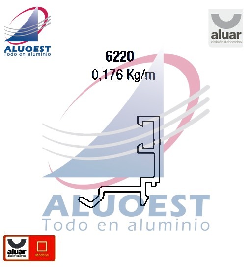 Perfil Aluar 6220 - Contravidrio 5 mm - Exterior hoja puerta de rebatir - Aluoest