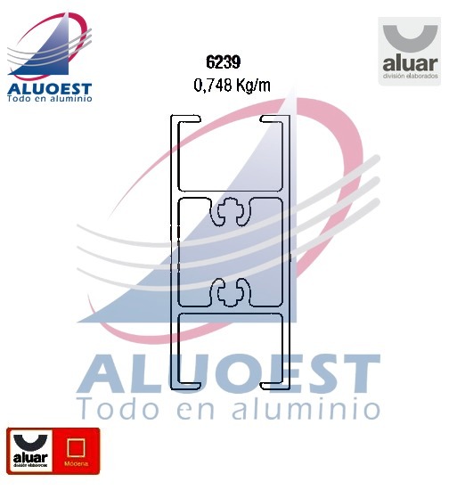 Perfil Aluar 6239 línea Módena - Travesaño hoja vidrio simple puerta corrediza - Aluoest
