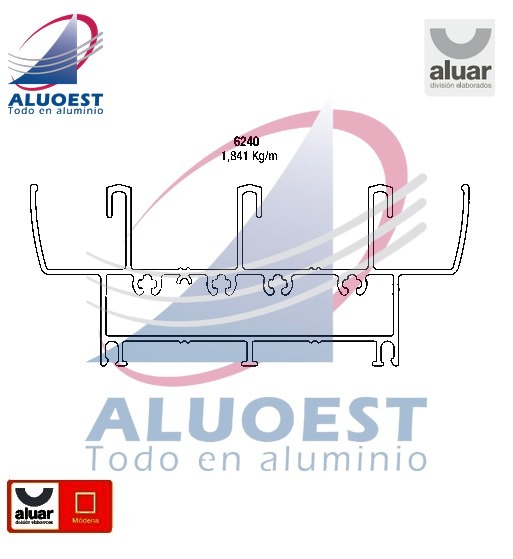 Perfil Aluar 6240 línea Módena - Umbral y dintel marco 3 guías ventana y puerta corrediza - Aluoest