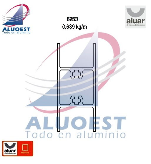 Perfil Aluar 6253 línea Módena - Travesaño hoja DVH puerta corrediza - Aluoest
