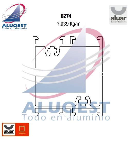 Perfil Aluar 6274 línea Módena - Zócalo y travesaño puerta vaivén - Aluoest