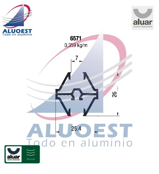 Perfil Aluar 6571 línea Ekonal - Herrero - Travesaño vidrio repartido - Aluoest