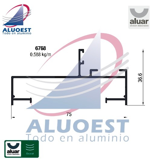 Perfil Aluar 6768 línea Ekonal - Herrero - Marco 75 mm PR hoja 25 mm / postigón de rebatir / puerta mosquitero - Aluoest