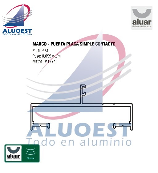 Perfil Aluar 681 línea Ekonal - Herrero - Marco 75 mm para puerta placa (M-1724) - Aluoest