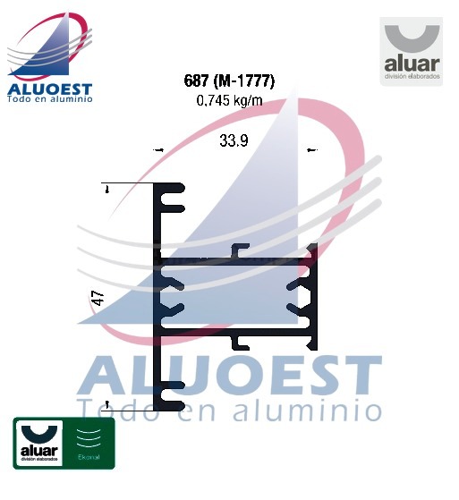 Perfil Aluar 687 línea Ekonal - Herrero - Travesaño angosto paño fijo (M-1777) - Aluoest
