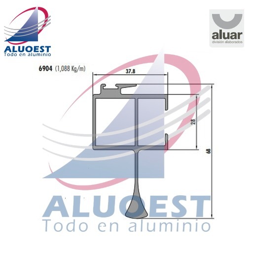 Perfil Aluar 6904 línea Módena - Parante central vidrio simple reforzado puerta corrediza - Aluoest