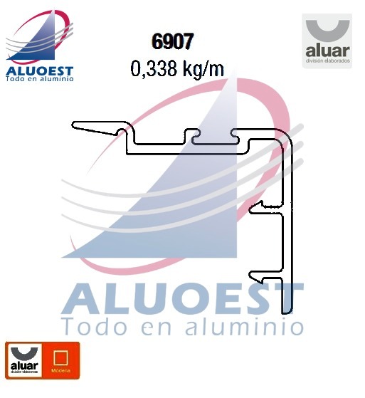 Perfil Aluar 6907 línea Módena - Suplemento parante central corrediza corte 45º - Aluoest