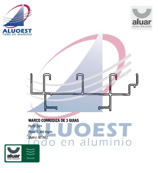 Perfil Aluar 691 línea Ekonal - Herrero - Marco corrediza de 3 guías (M-1862) - Aluoest