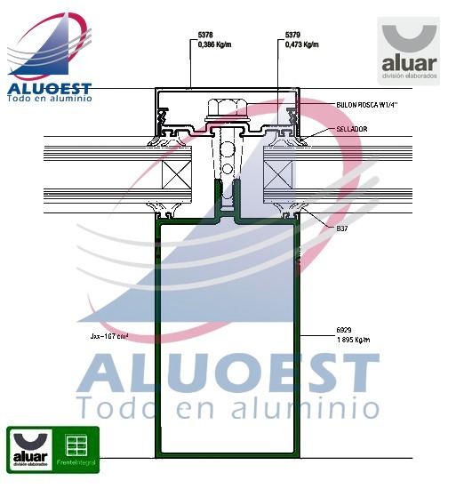 Perfil Aluar 6929 línea Frente Integral - Columna simple reforzada - Aluoest