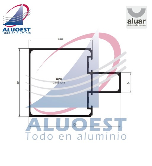 Perfil Aluar 6939 línea Piel de vidrio - Columna de 75 mm - Aluoest