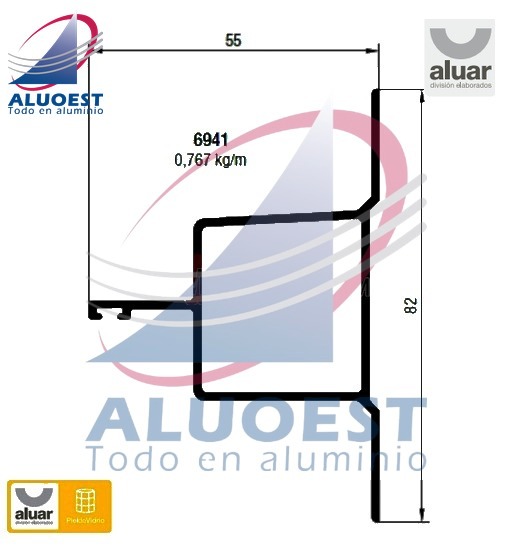 Perfil Aluar 6941 línea Piel de vidrio - Travesaño para vidrio simple - Aluoest