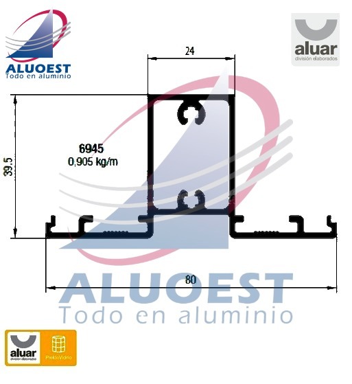 Perfil Aluar 6945 línea Piel de vidrio - Columna simple - Aluoest